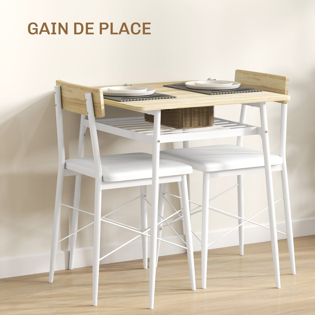 Ensemble table et 2 chaises encastrables, blanc et chêne