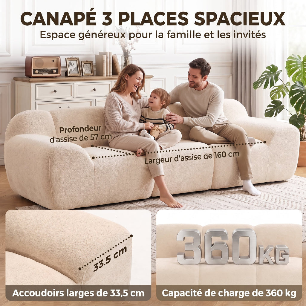 Canapé 3 places en chenille beige, forme nuage, 233 cm