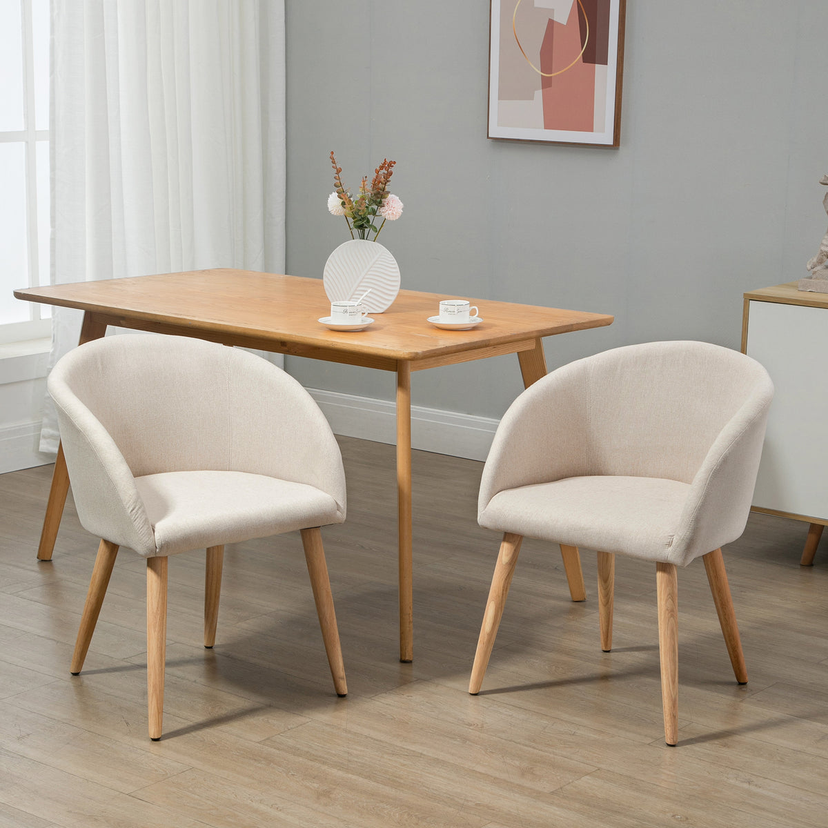 Lot de 2 chaises scandinaves aspect lin, pieds inclinés en bois d'hévéa