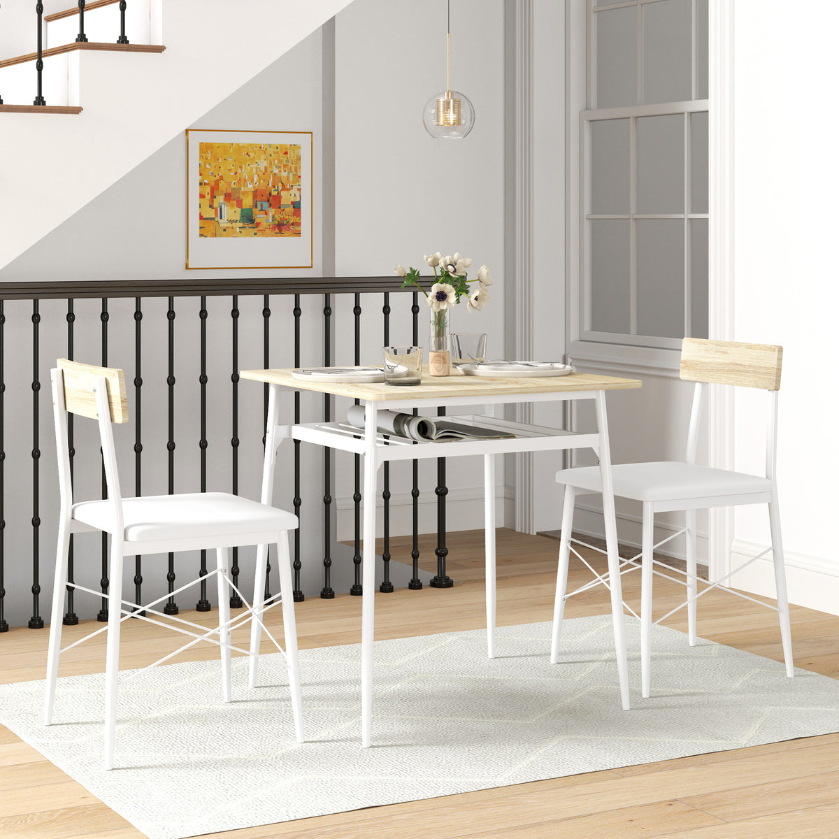 Ensemble table et 2 chaises encastrables, blanc et chêne