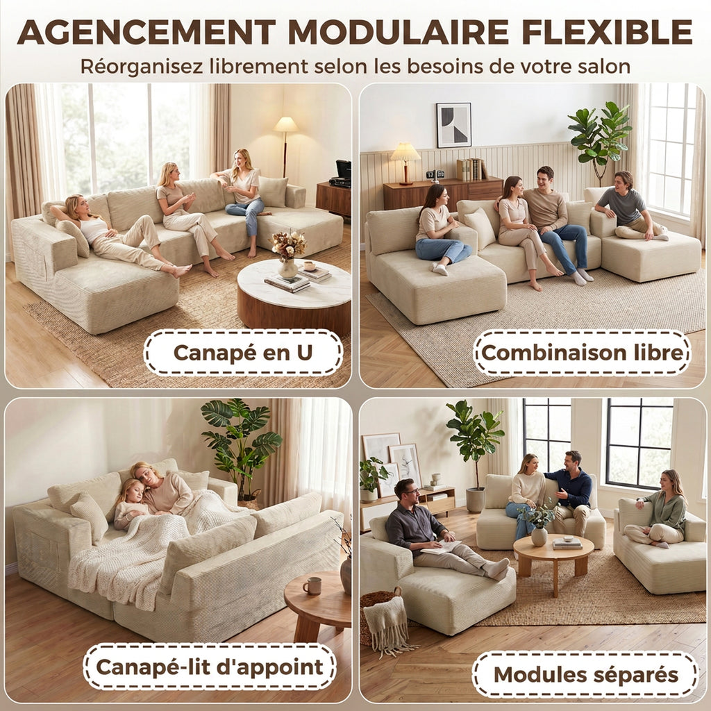 Canapé modulaire en U convertible 4 places en velours côtelé crème, 337 cm