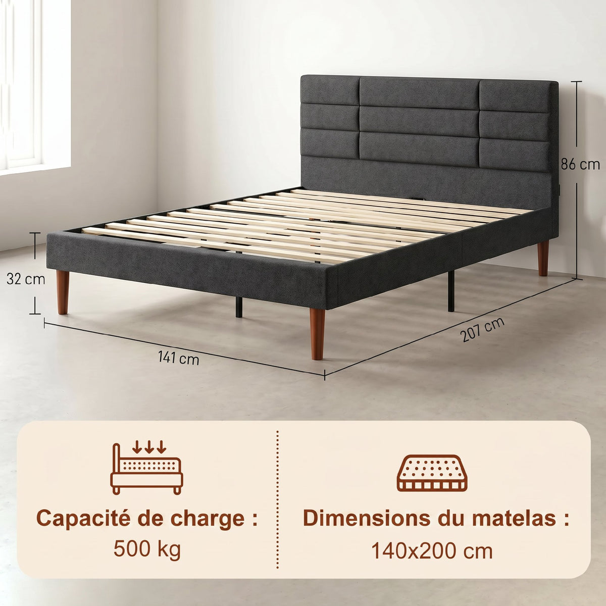 Lit double 140 x 200 cm effet lin gris, avec rangement sous le lit