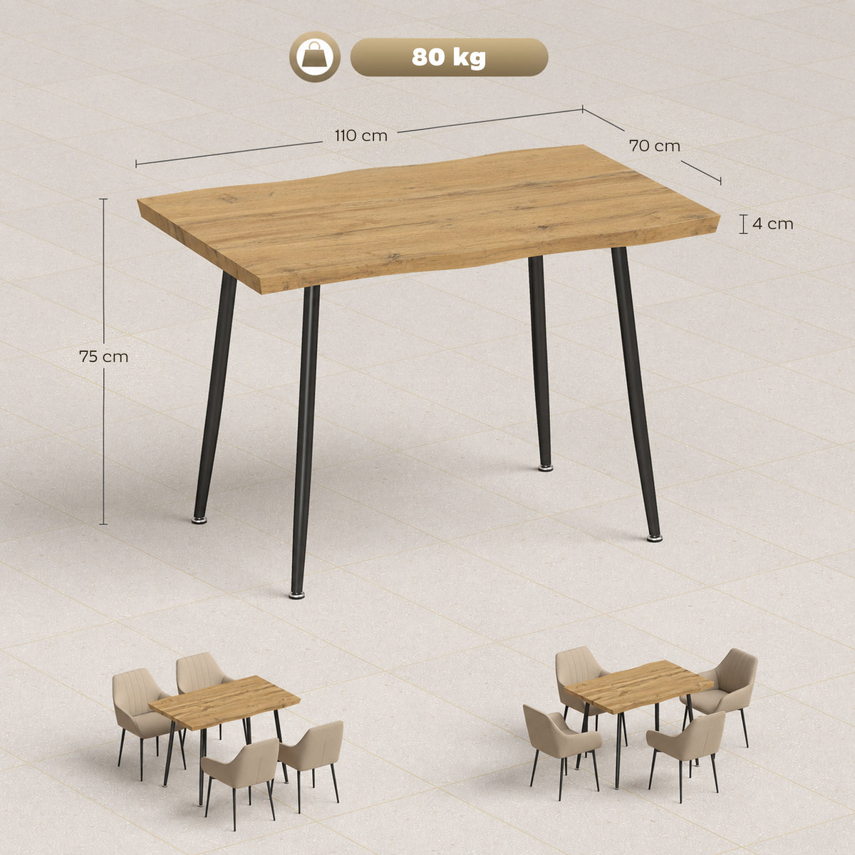 Table à manger 4 personnes effet chêne, 110 x 70 cm