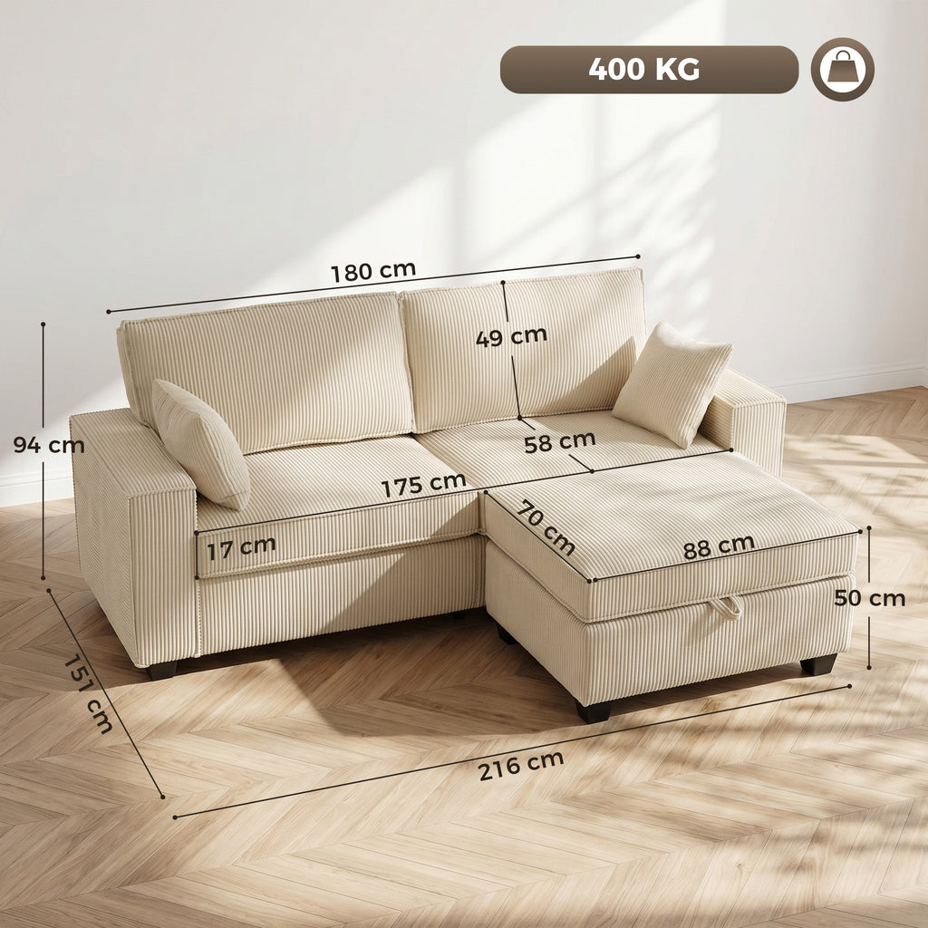 Canapé d'angle 3 places en velours côtelé beige avec pouf de rangement