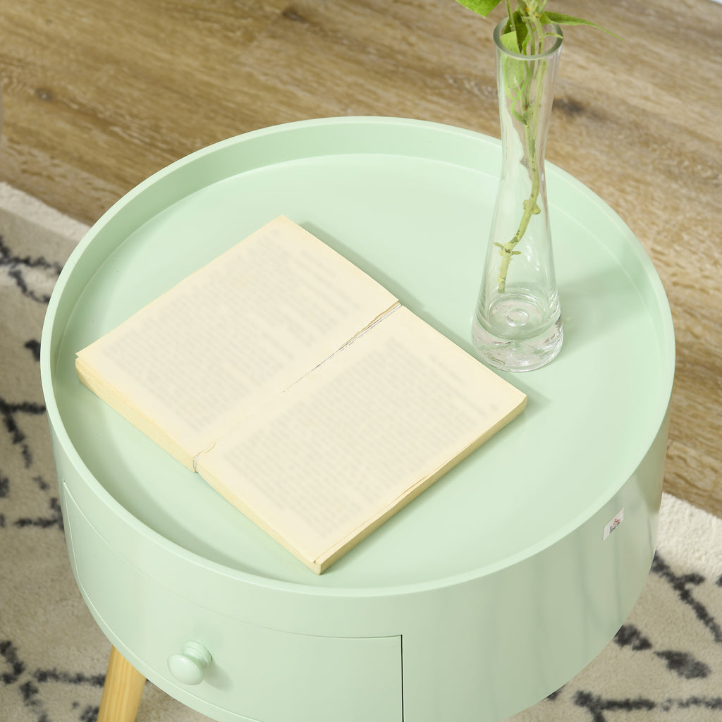 Table basse ronde scandinave chêne clair et blanc avec tiroir