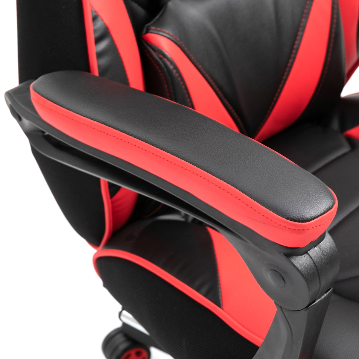 Chaise gaming ergonomique noir et rouge, repose-pieds et coussins inclus