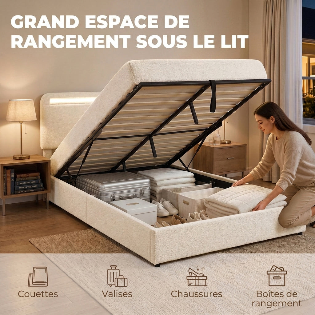 Lit coffre 140 x 190 cm en velours crème, LED RGB et rangement