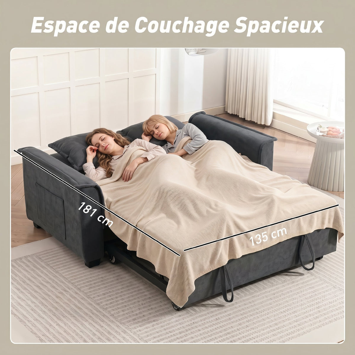 Canapé clic-clac convertible 2 places en chenille gris, poche latérale