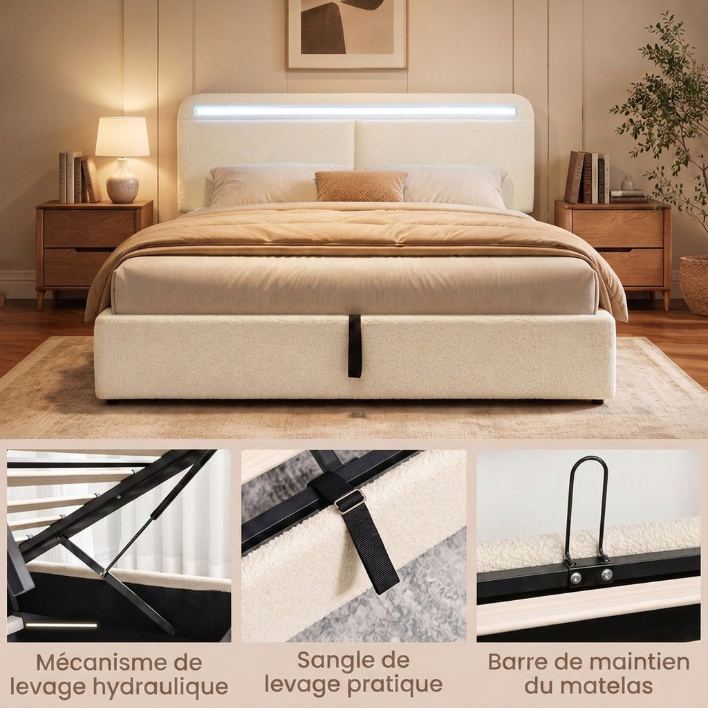 Lit coffre 140 x 190 cm en velours crème, LED RGB et rangement
