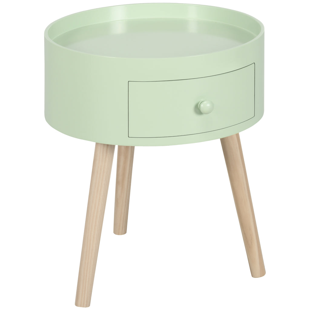 Table basse ronde scandinave chêne clair et blanc avec tiroir