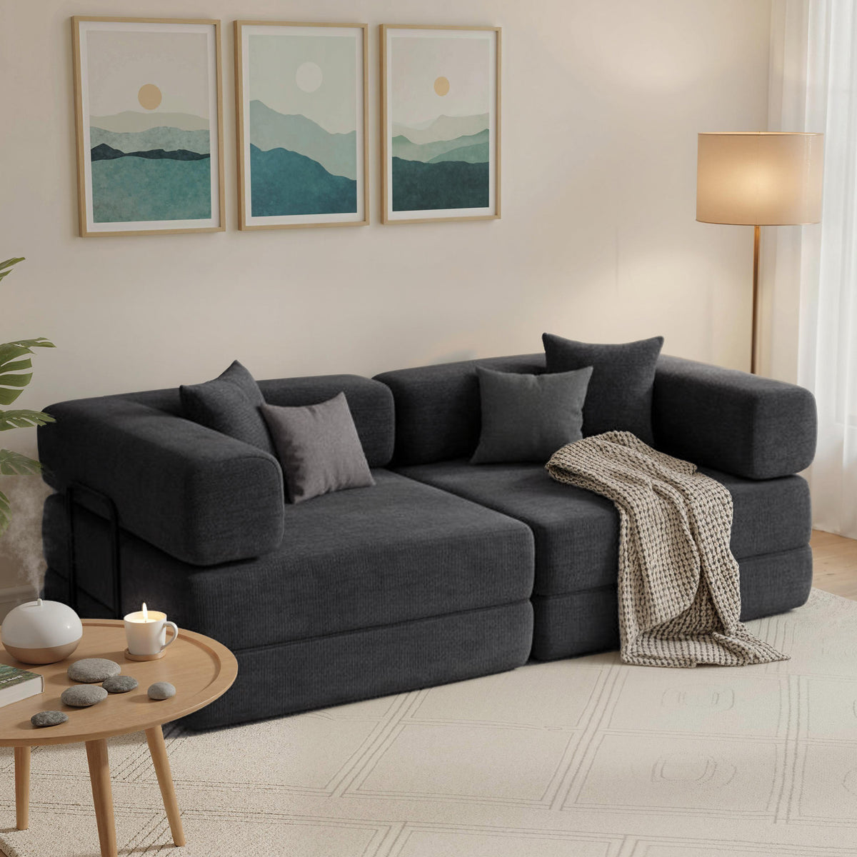 Canapé convertible 2 places 5 en 1 en chenille gris foncé, 198 cm
