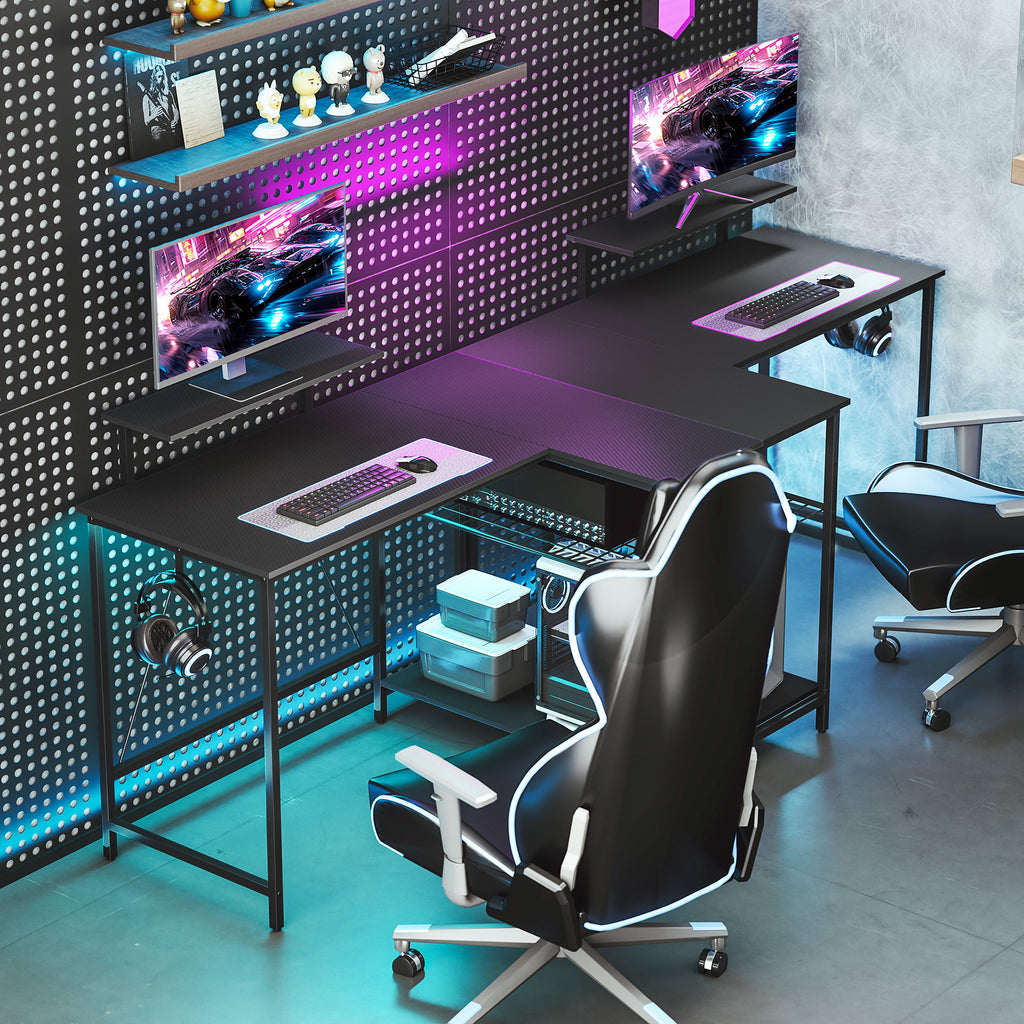 Bureau gaming d'angle réversible avec support écran, 114,5 cm, noir
