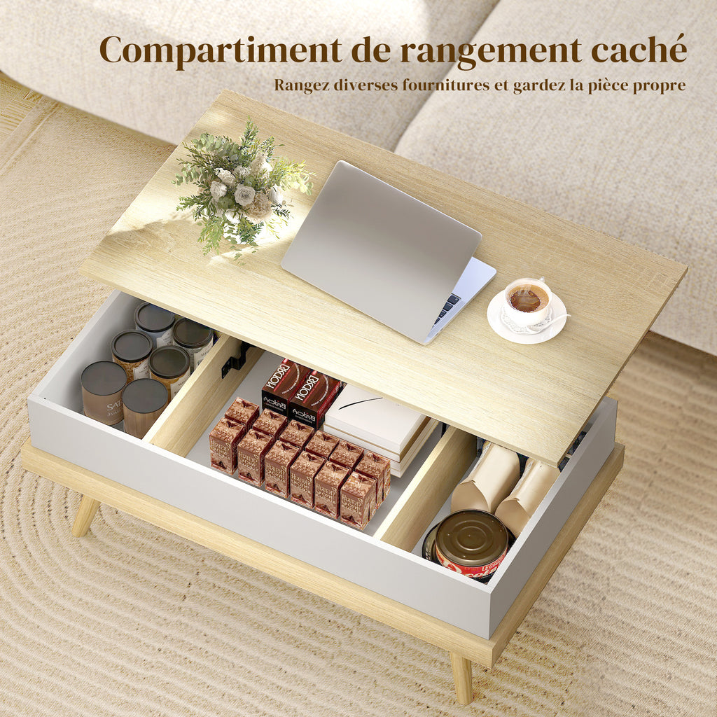 Table basse relevable avec 3 compartiments cachés, naturel et blanc