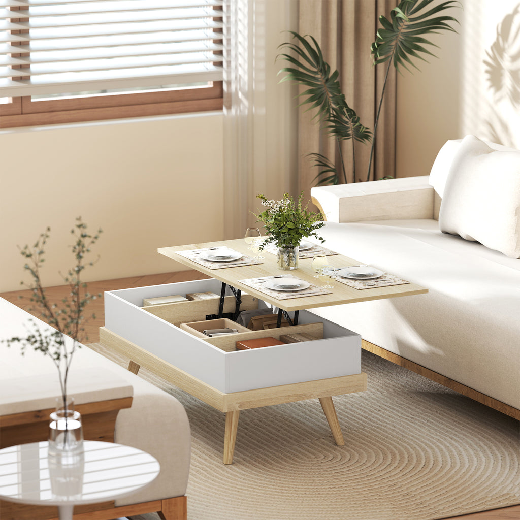 Table basse relevable avec 3 compartiments cachés, naturel et blanc