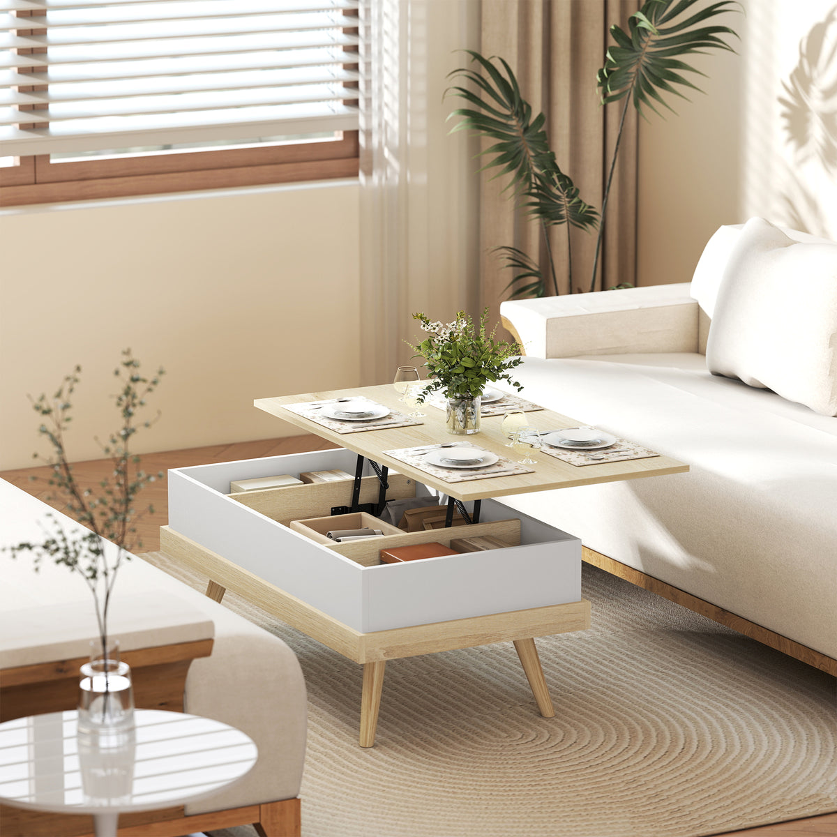 Table basse relevable avec 3 compartiments cachés, naturel et blanc