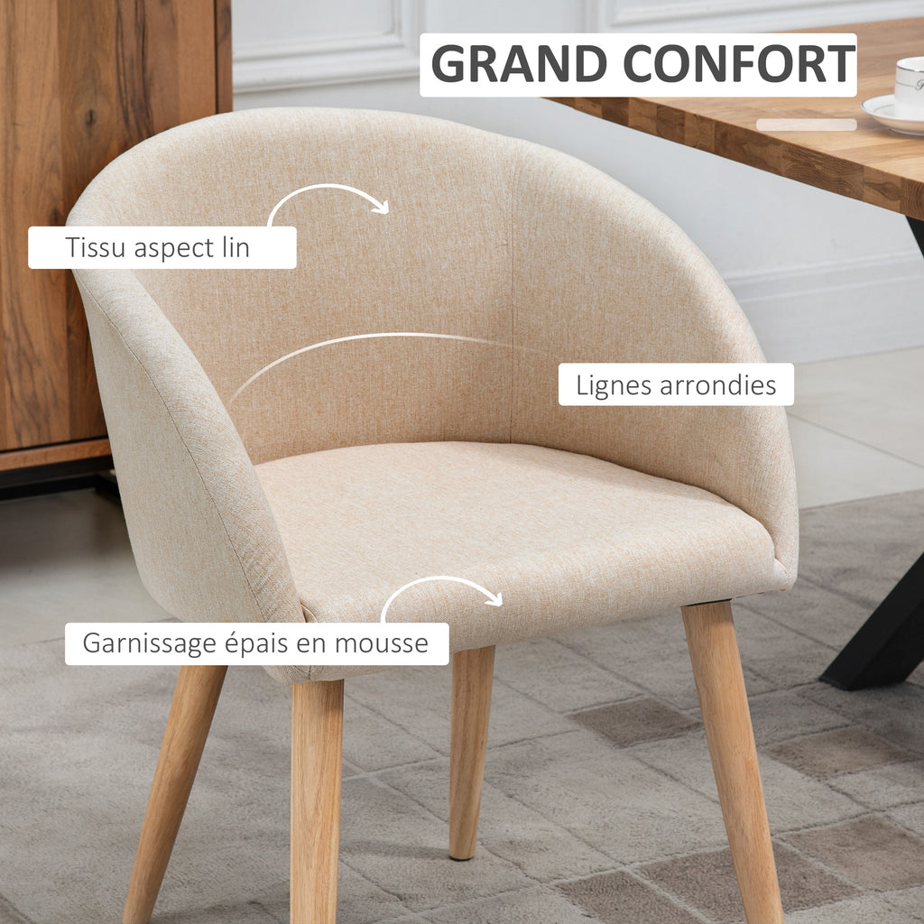 Lot de 2 chaises scandinaves aspect lin, pieds inclinés en bois d'hévéa