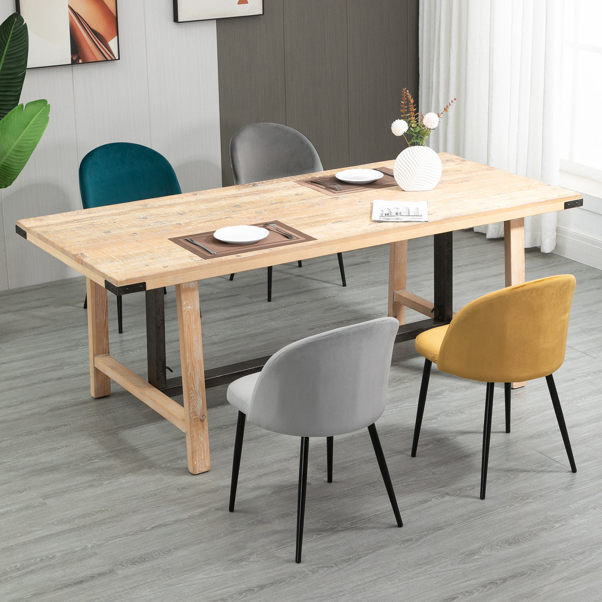 Lot de 4 chaises scandinaves en velours multicolore, pieds en métal