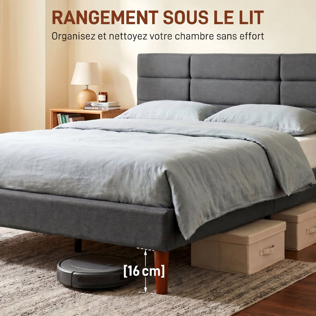 Lit double 140 x 200 cm effet lin gris, avec rangement sous le lit