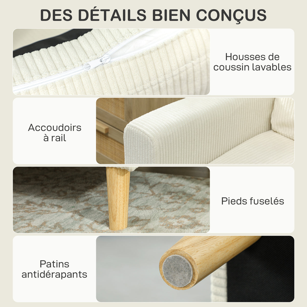 Canapé 3 places en velours côtelé beige avec repose-pieds, 192 cm