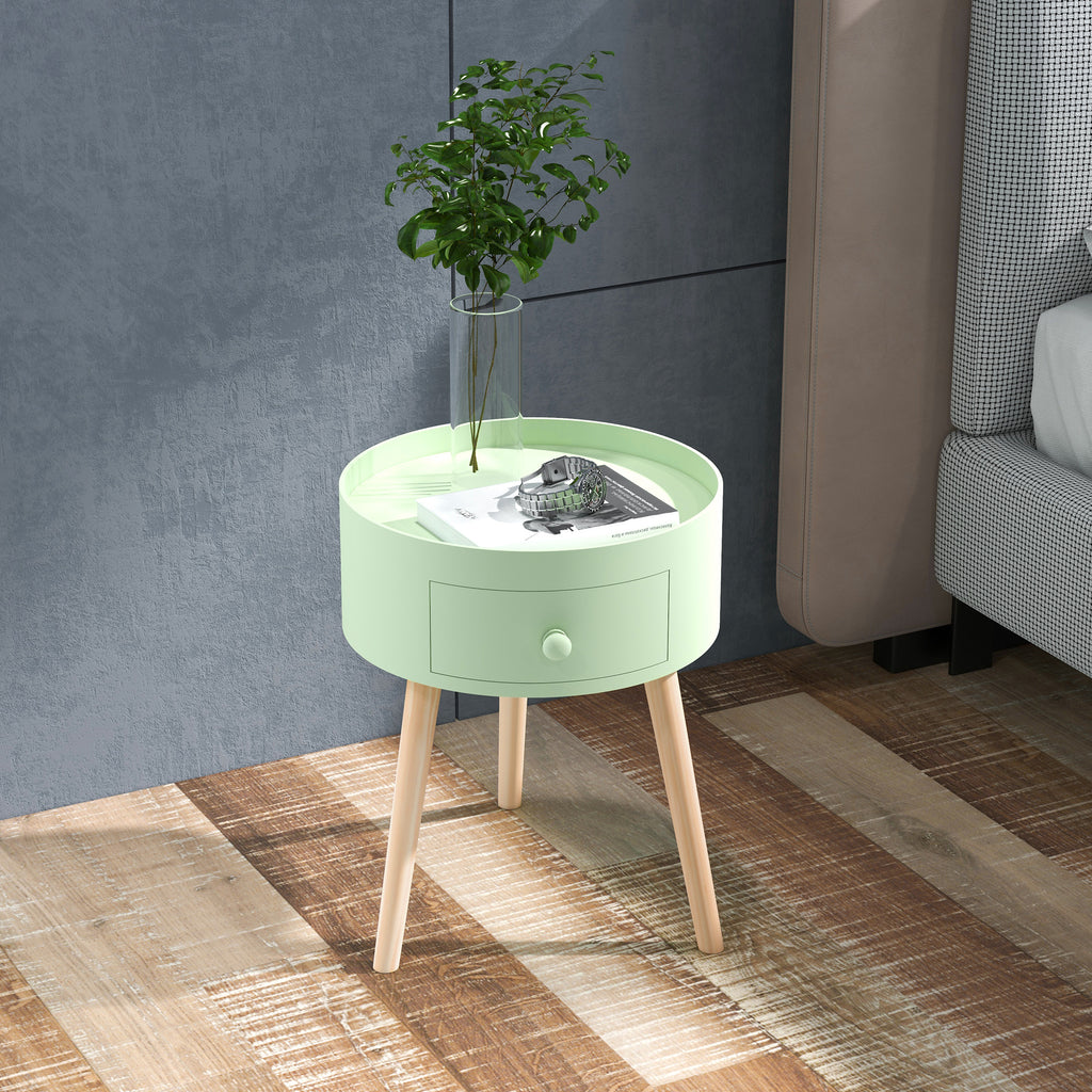 Table basse ronde scandinave chêne clair et blanc avec tiroir