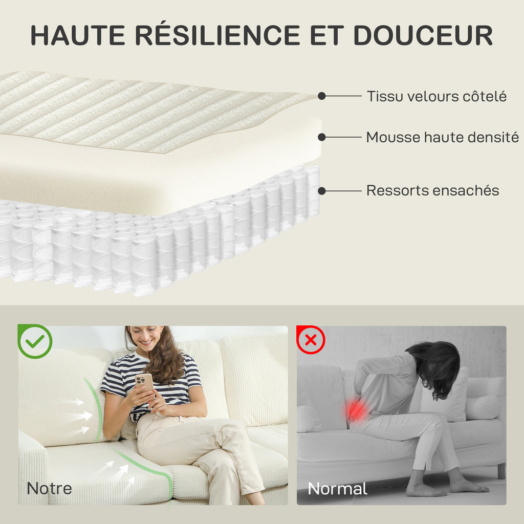 Canapé 3 places en velours côtelé beige avec repose-pieds, 192 cm
