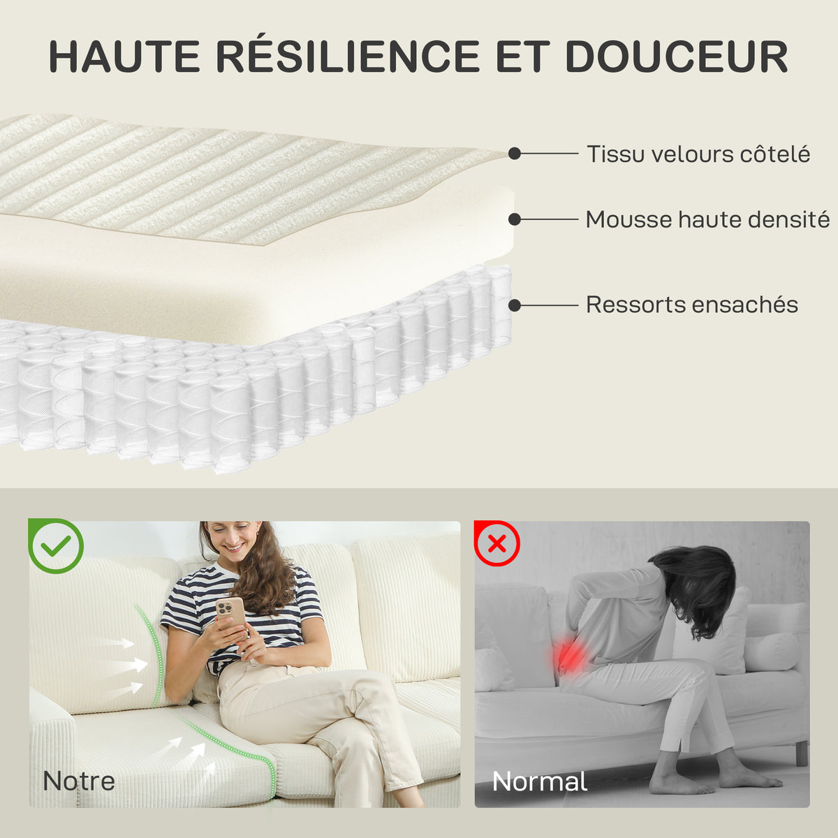 Canapé 3 places en velours côtelé beige avec repose-pieds, 192 cm