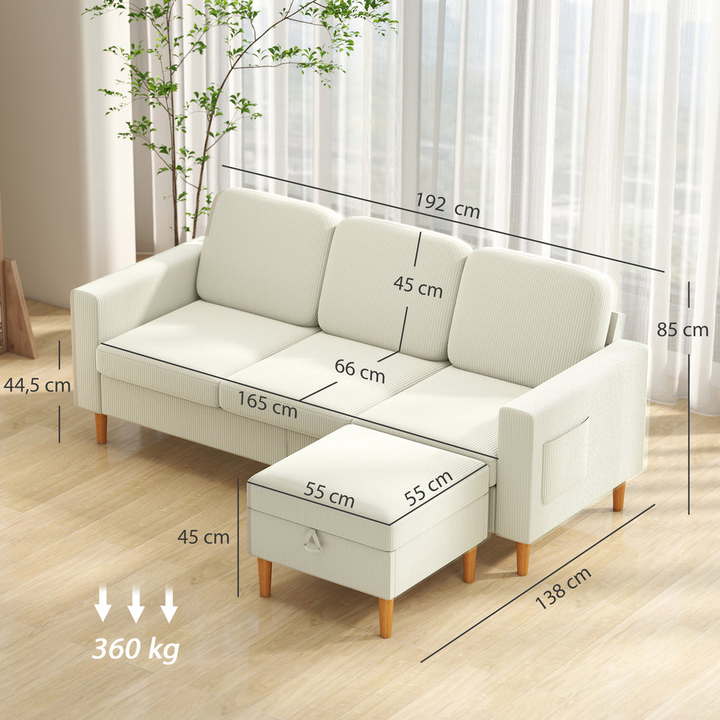 Canapé 3 places en velours côtelé beige avec repose-pieds, 192 cm