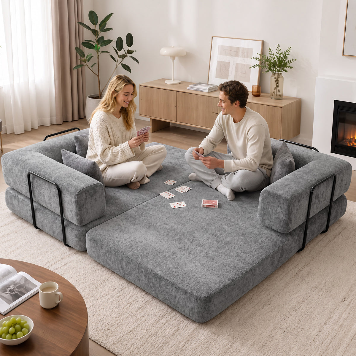 Canapé convertible 3 places en chenille gris, 205 cm