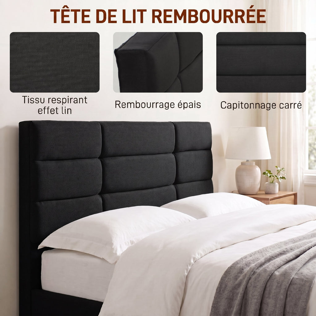 Lit double 140 x 200 cm effet lin noir, avec rangement sous le lit