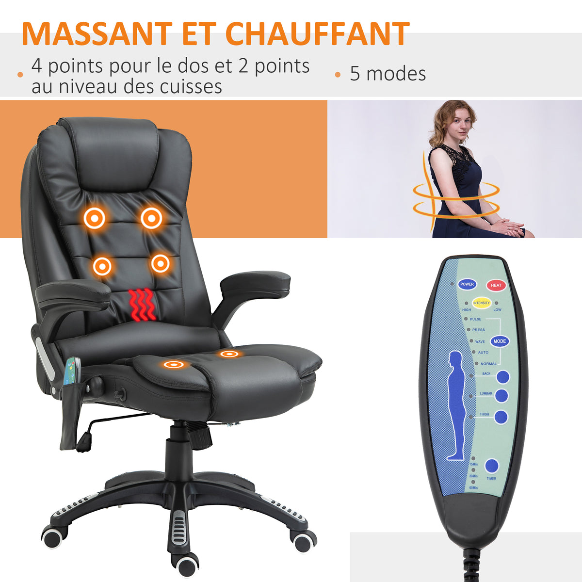 Fauteuil de bureau massant et chauffant électrique fauteuil bureau ergonomique revêtement synthétique noir
