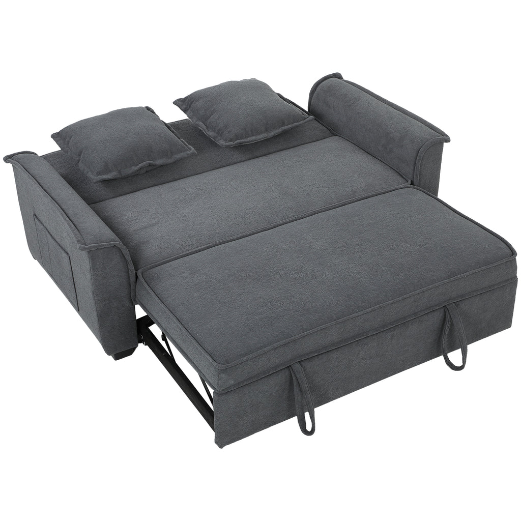 Canapé clic-clac convertible 2 places en chenille gris, poche latérale