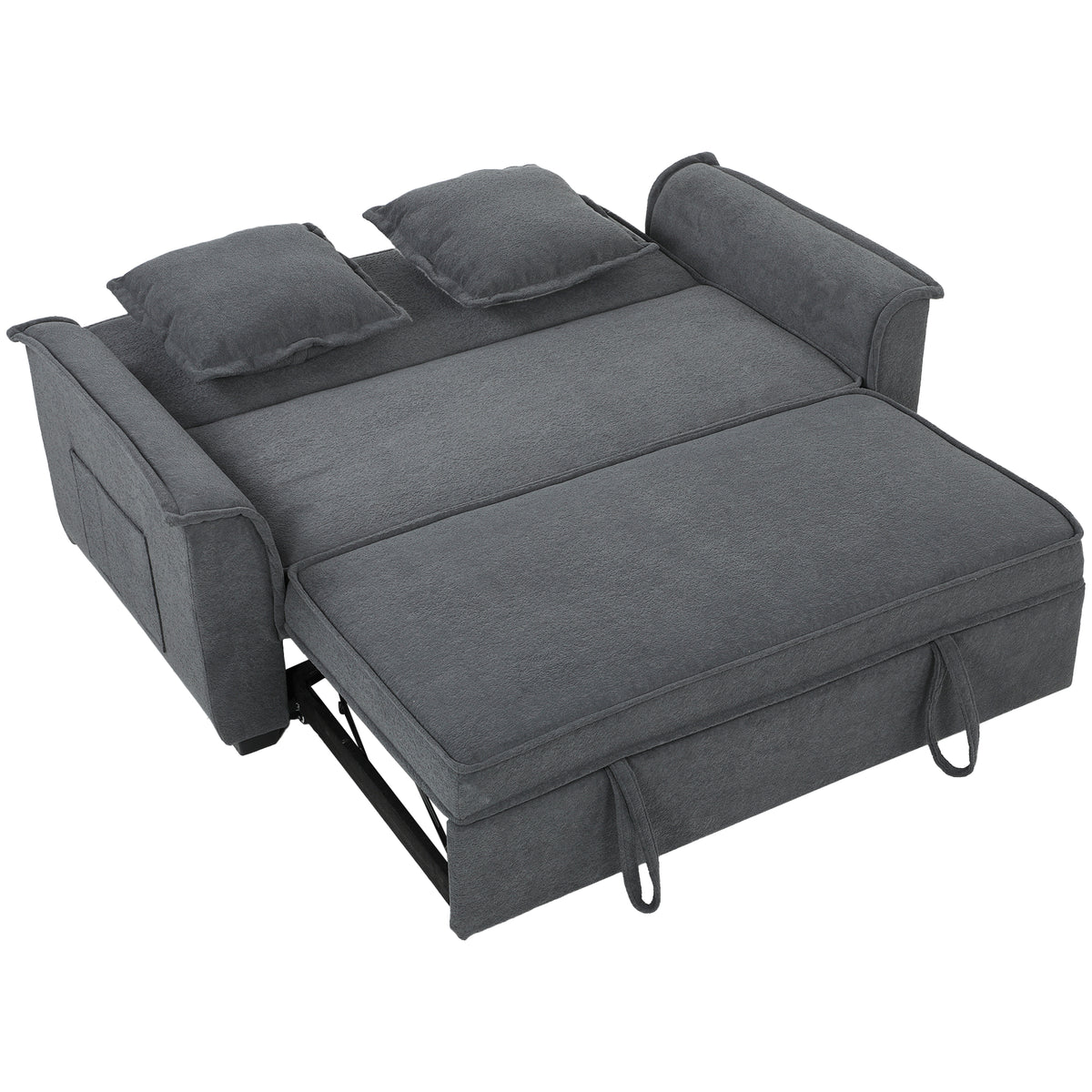 Canapé clic-clac convertible 2 places en chenille gris, poche latérale