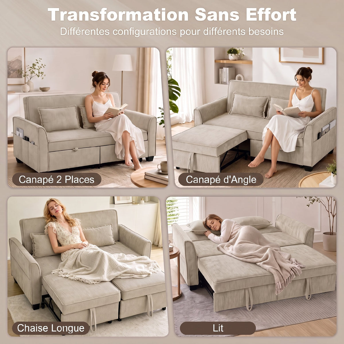 Canapé convertible 4 en 1 en chenille marron, 167 cm