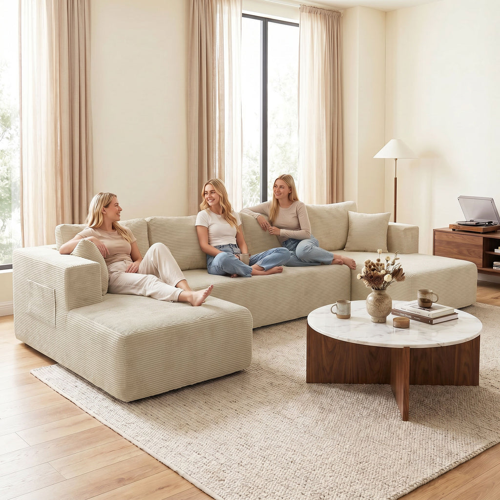 Canapé modulaire en U convertible 4 places en velours côtelé crème, 337 cm