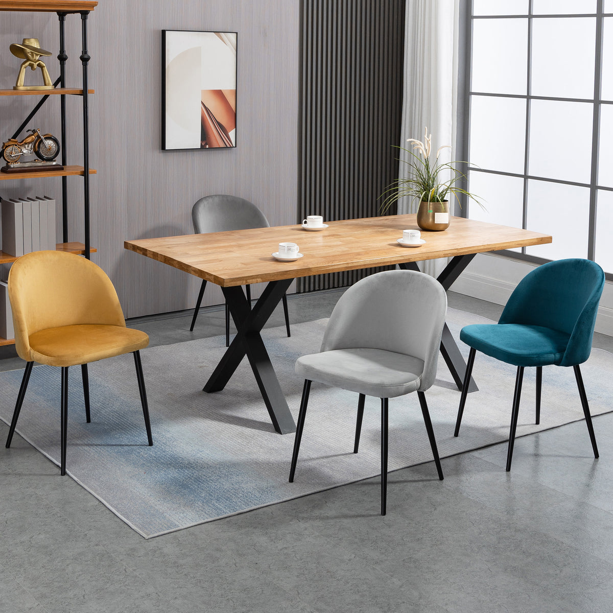 Lot de 4 chaises scandinaves en velours multicolore, pieds en métal