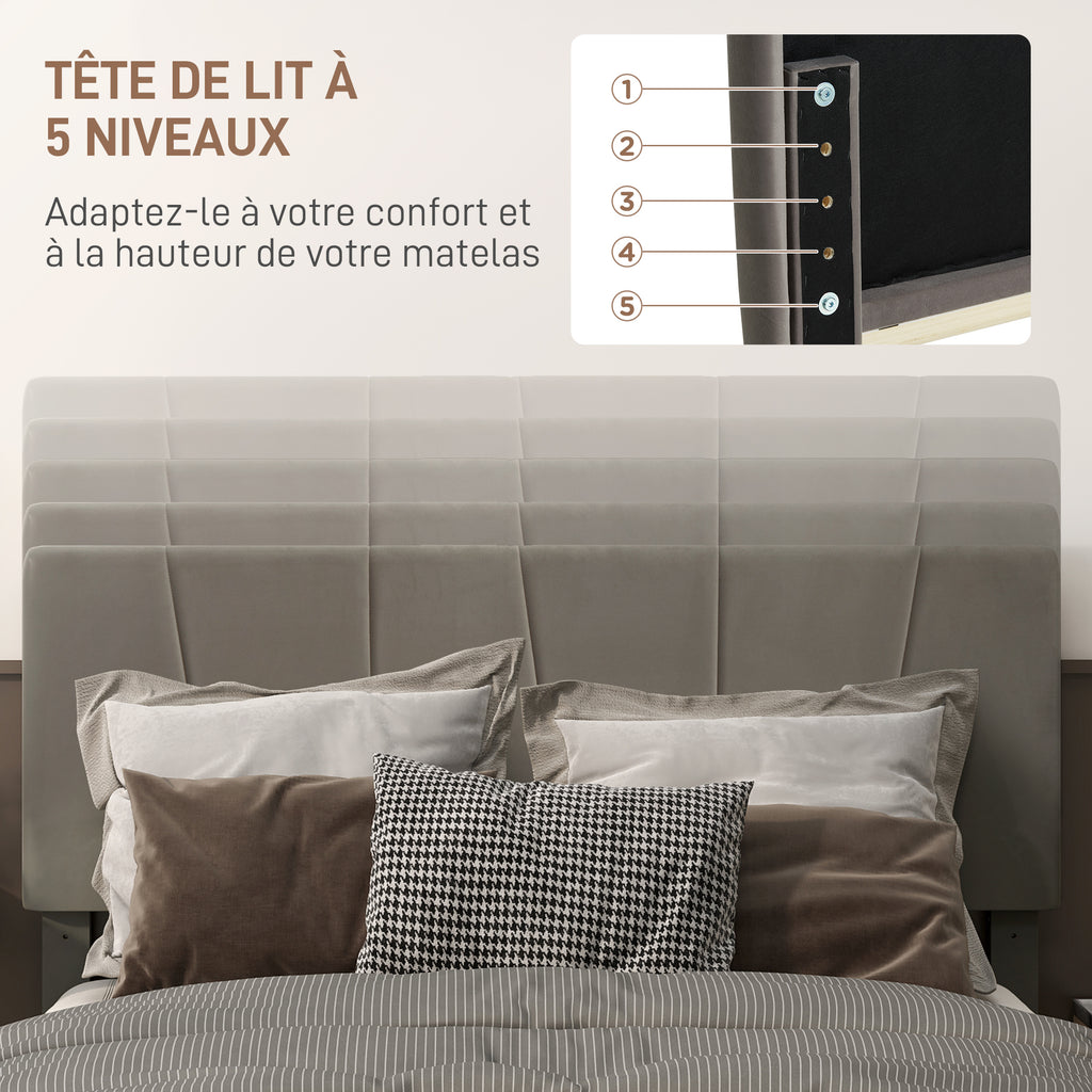 Lit double 140 x 190 cm gris effet velours, tête de lit réglable