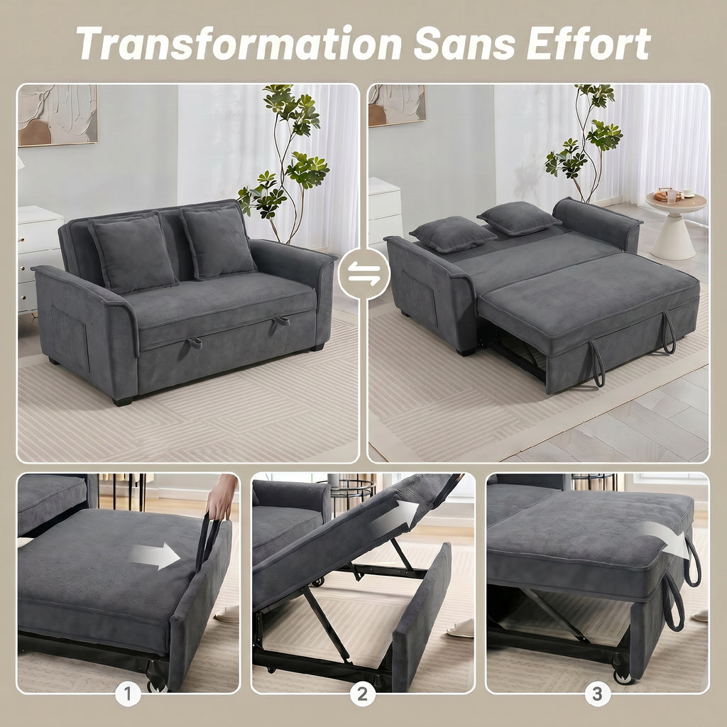 Canapé clic-clac convertible 2 places en chenille gris, poche latérale
