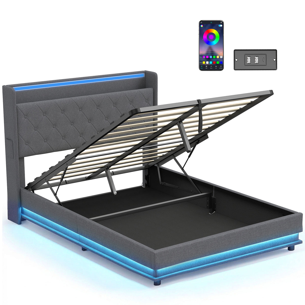 Lit coffre 140 x 190 cm gris, éclairage LED et station de charge USB