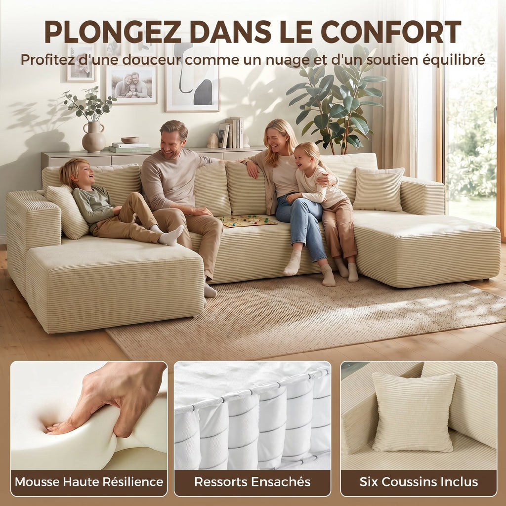 Canapé modulaire en U convertible 4 places en velours côtelé crème, 337 cm