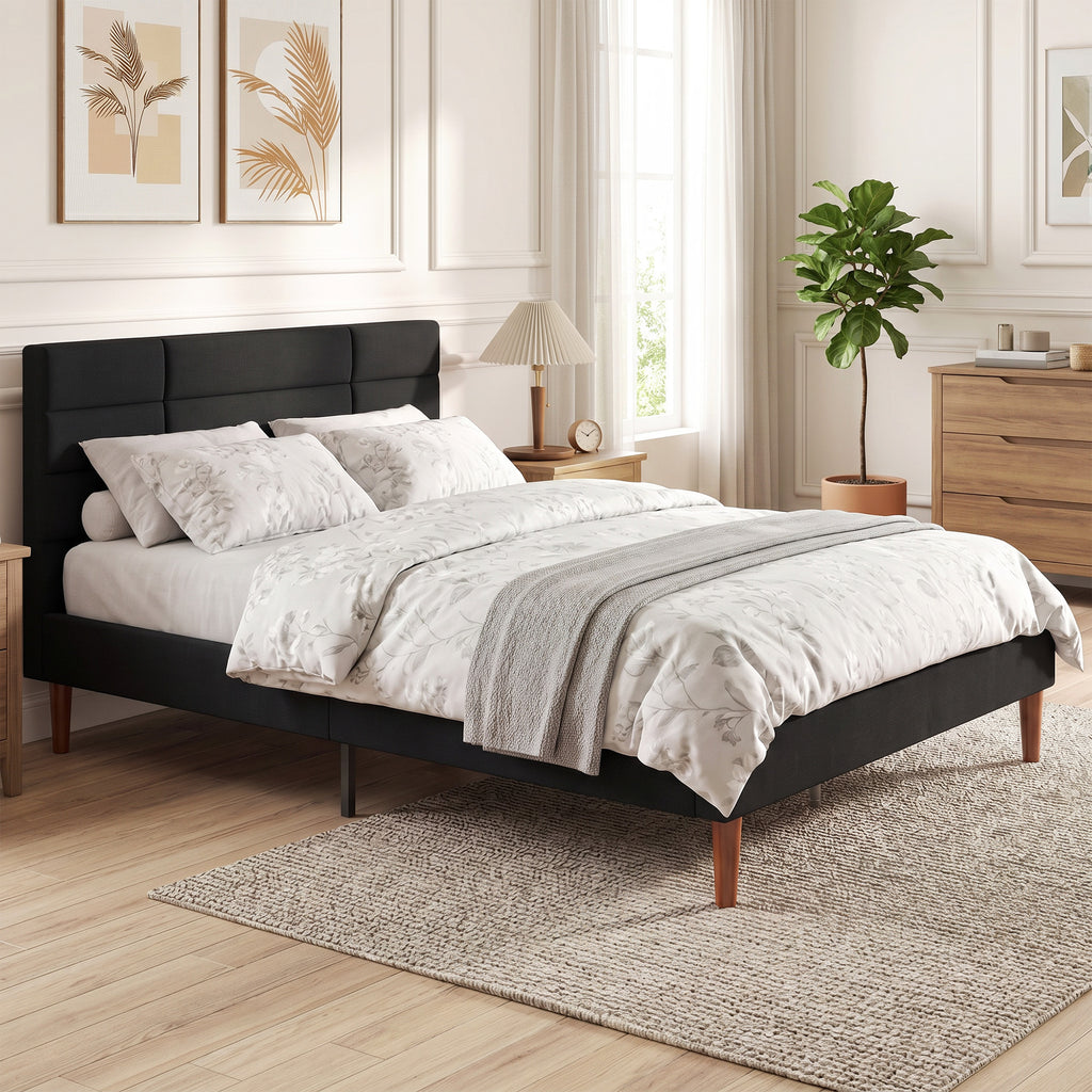 Lit double 140 x 200 cm effet lin noir, avec rangement sous le lit