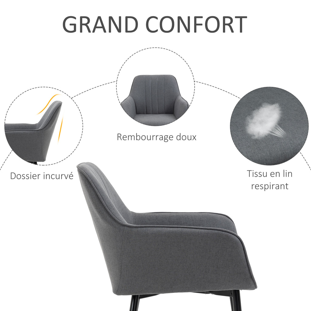Lot de 2 chaises scandinaves en lin gris foncé, pieds effilés en métal noir