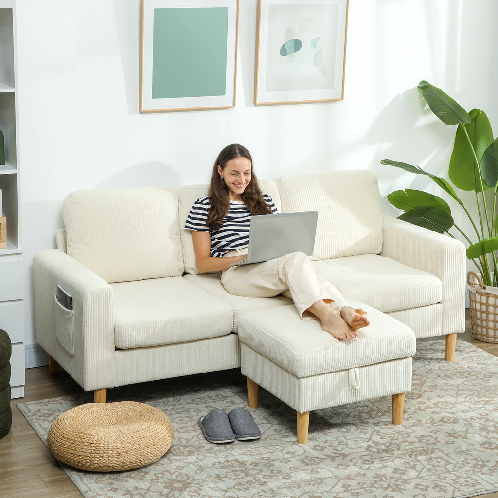 Canapé 3 places en velours côtelé beige avec repose-pieds, 192 cm