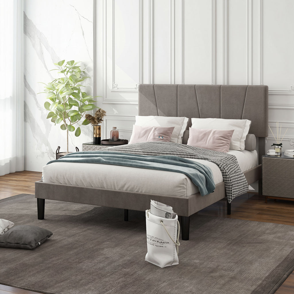 Lit double 140 x 190 cm gris effet velours, tête de lit réglable