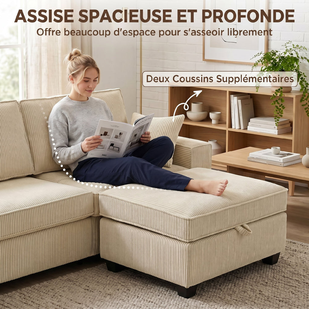 Canapé d'angle 3 places en velours côtelé beige avec pouf de rangement