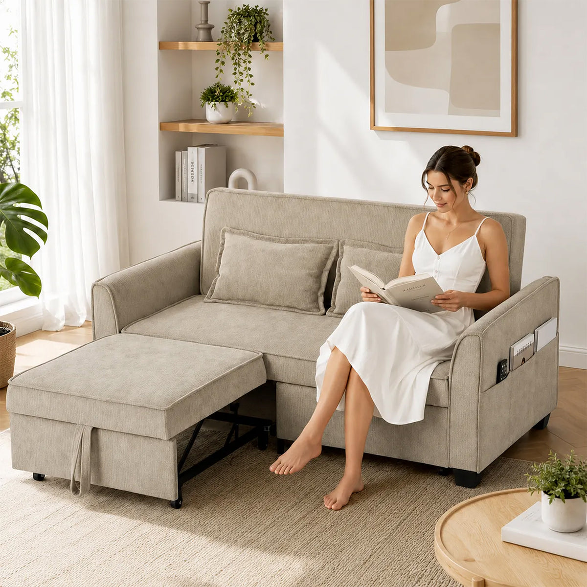 Canapé convertible 4 en 1 en chenille marron, 167 cm