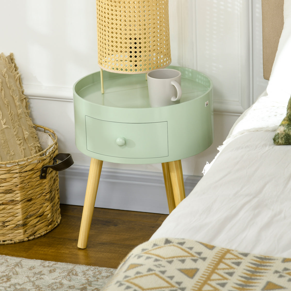 Table basse ronde scandinave chêne clair et blanc avec tiroir