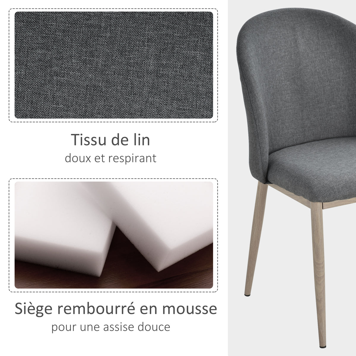 Lot de 2 chaises scandinaves grises, pieds en métal effet bois