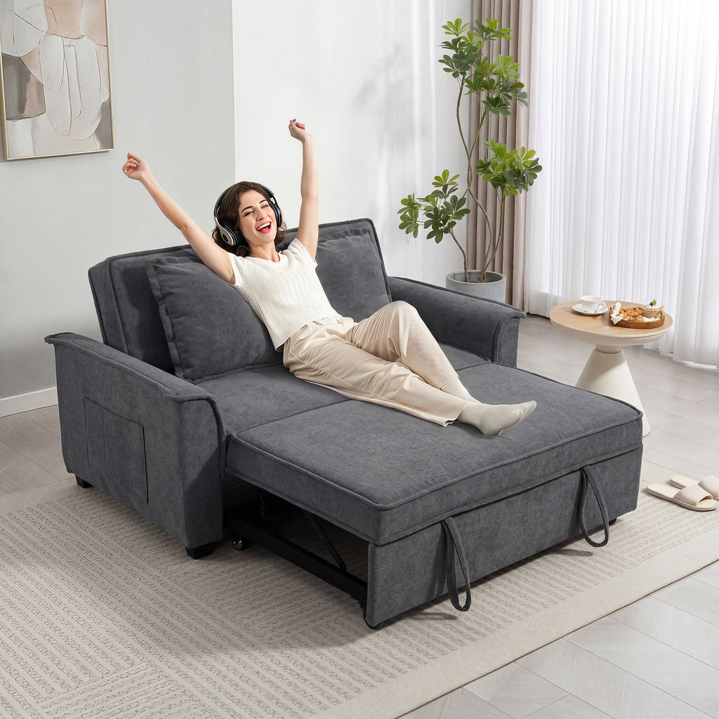 Canapé clic-clac convertible 2 places en chenille gris, poche latérale