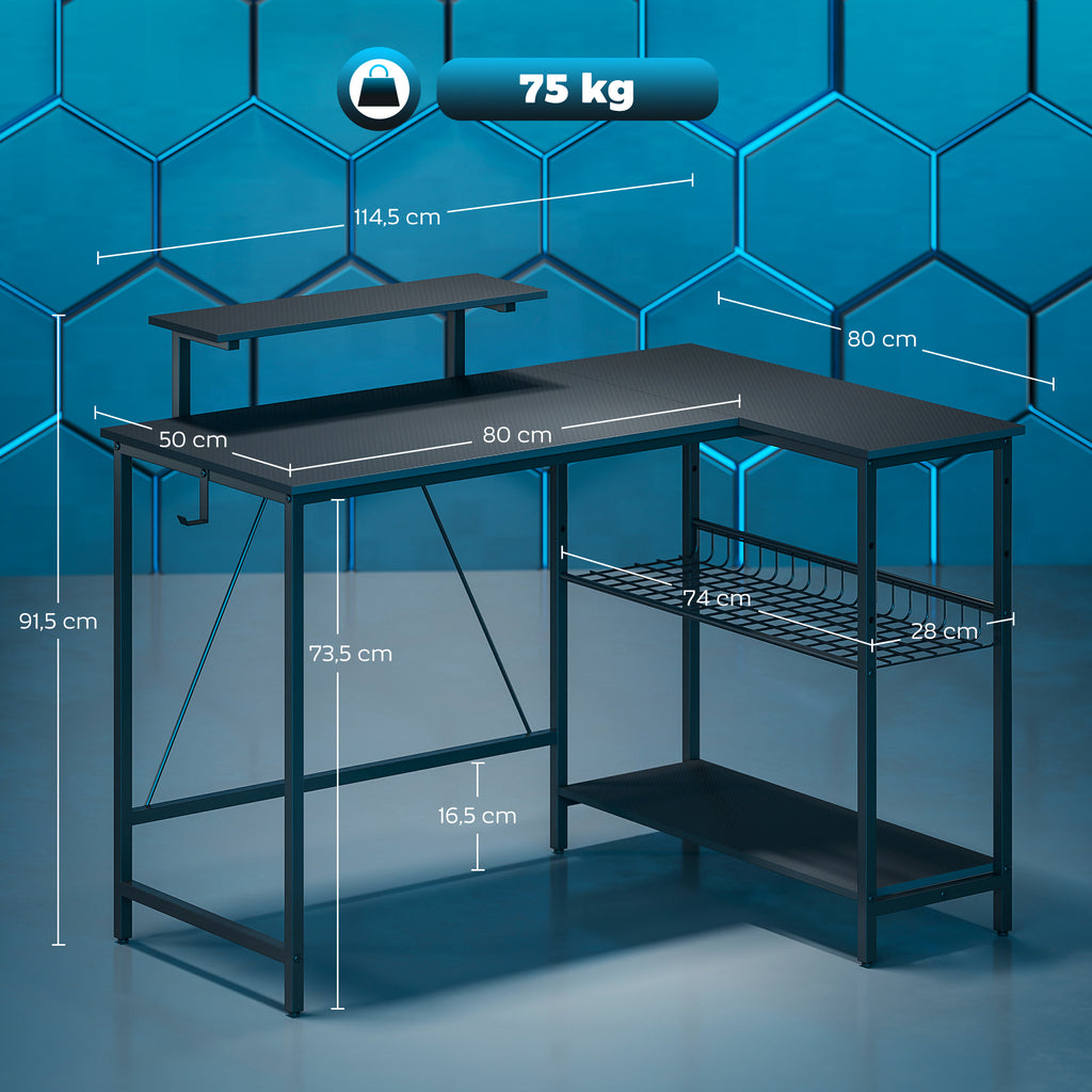 Bureau gaming d'angle réversible avec support écran, 114,5 cm, noir