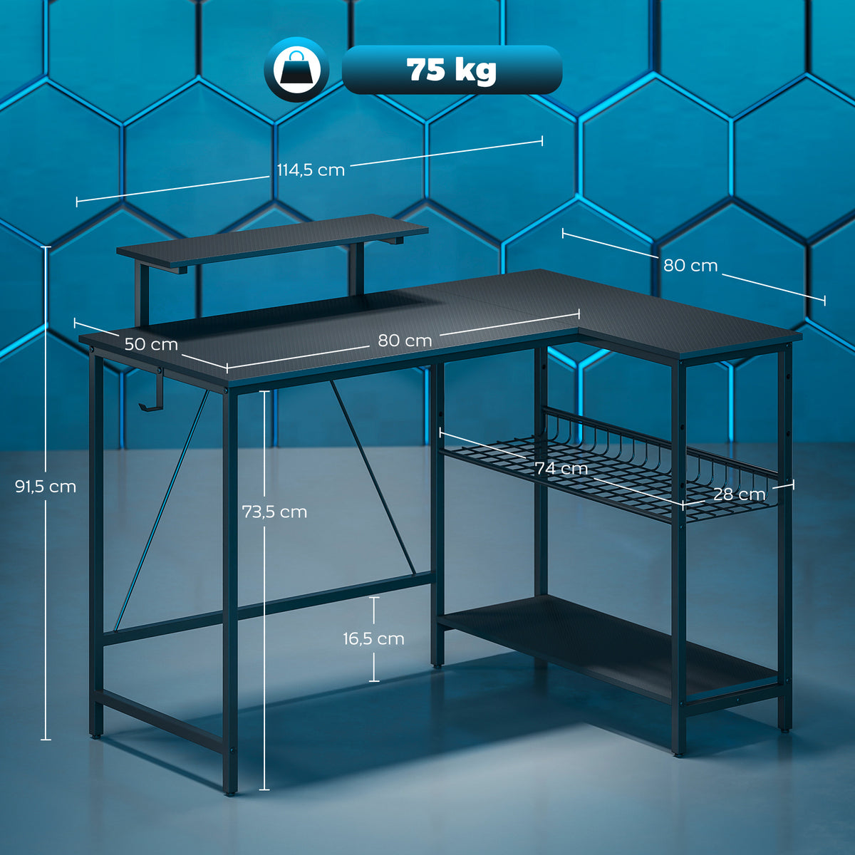 Bureau gaming d'angle réversible avec support écran, 114,5 cm, noir